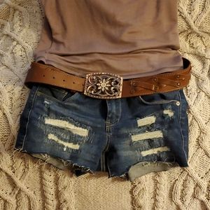 Brown leather belt w rosegold rhinstone buckle